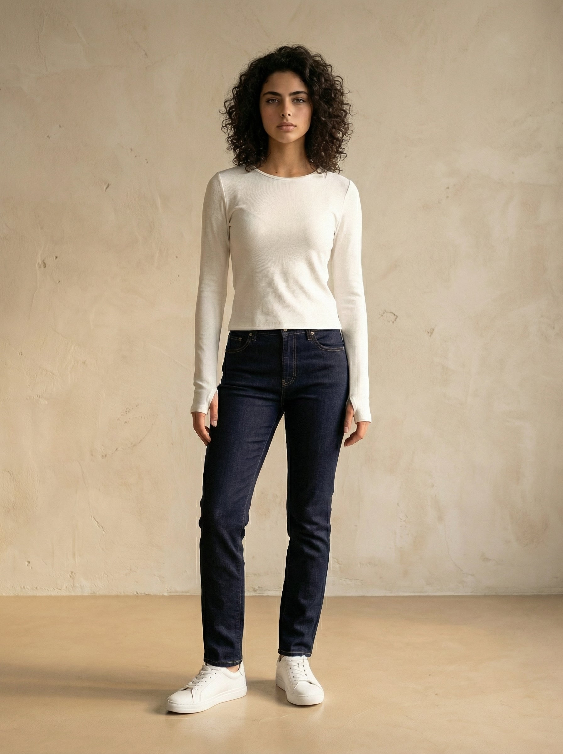 White Wide Neck long Sleeve Thumbhole Top