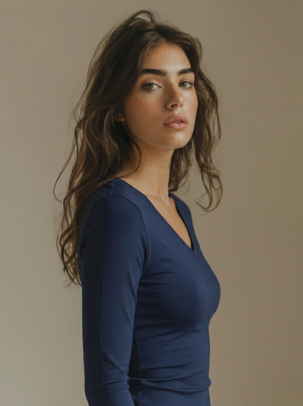Navy Blue V-Neck Long Sleeve Top