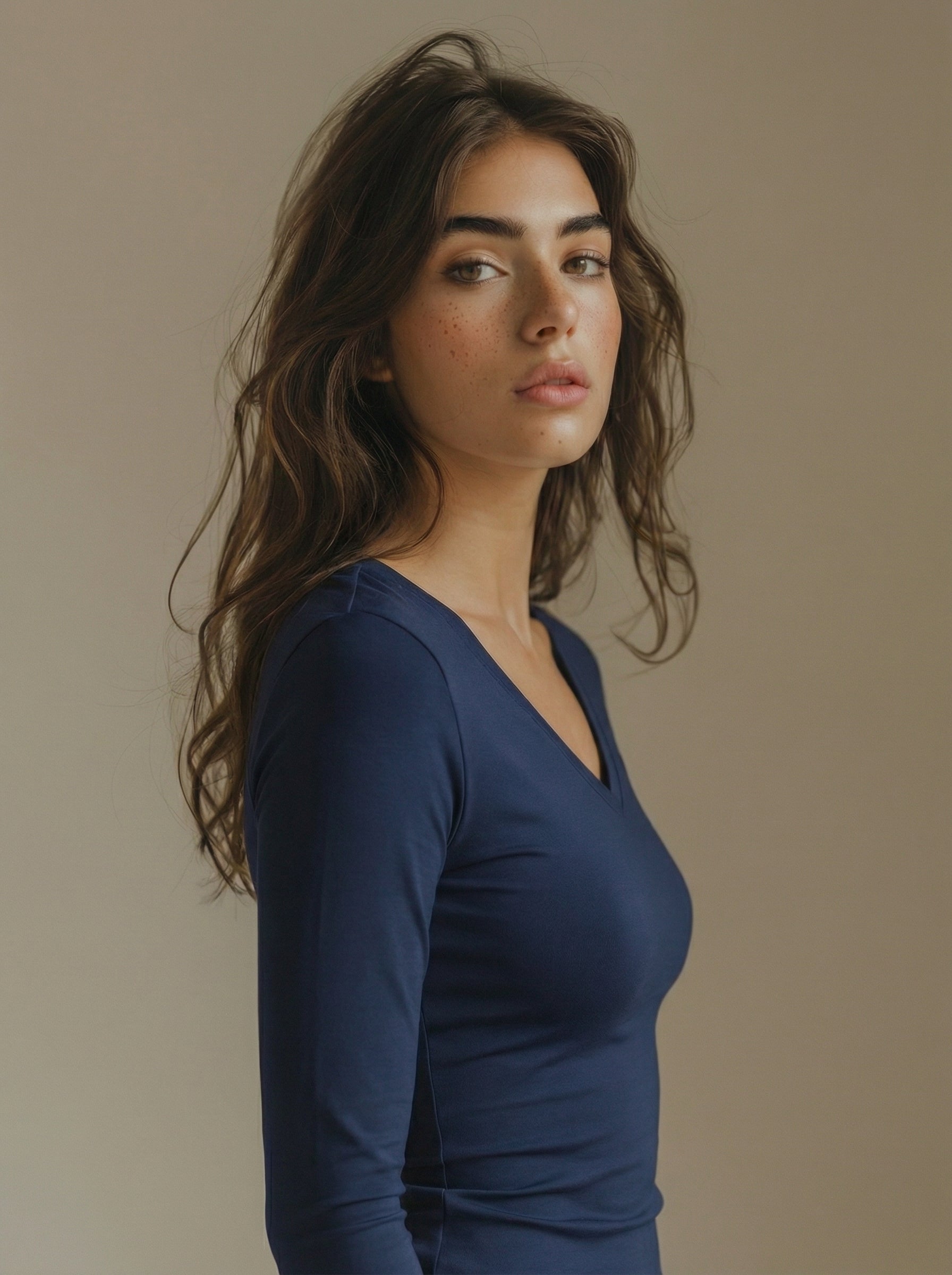 Navy Blue V-Neck Long Sleeve Top