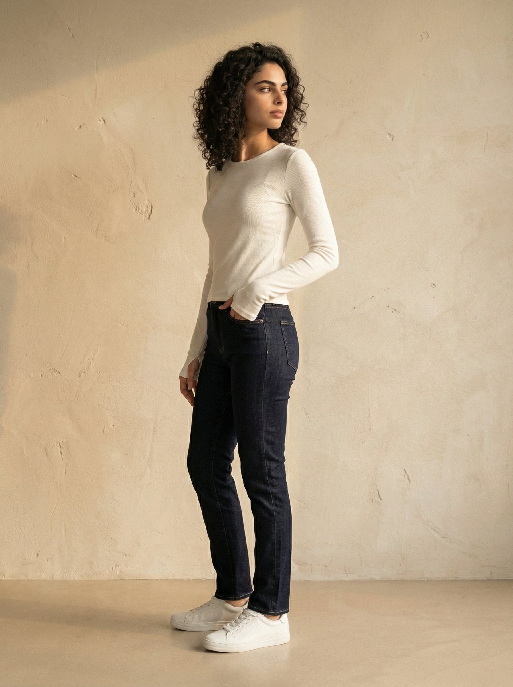 White Wide Neck long Sleeve Thumbhole Top