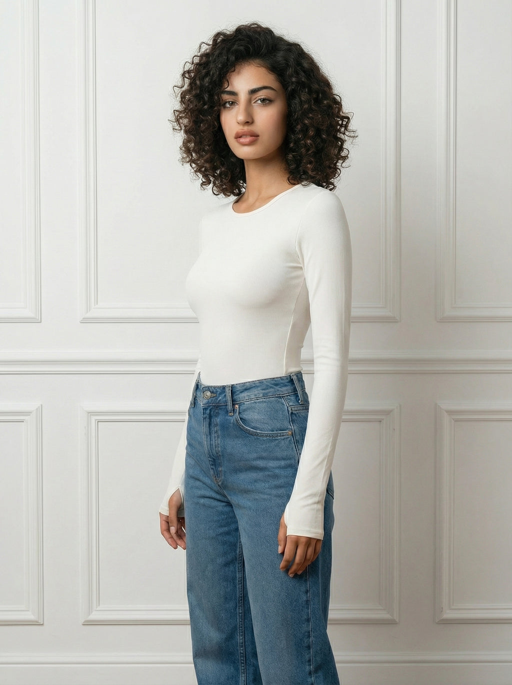 White BodySuite Long Sleeve Thumbhole