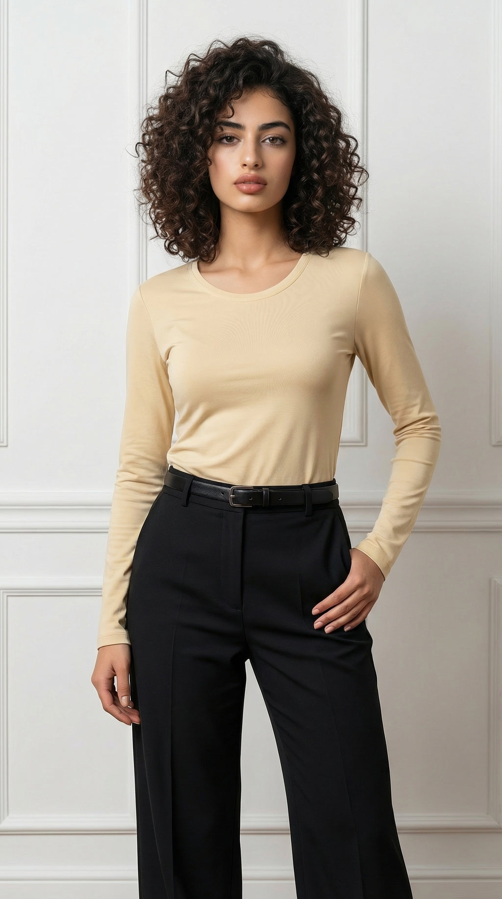 Beige Scoope Neck Long Sleeve Top
