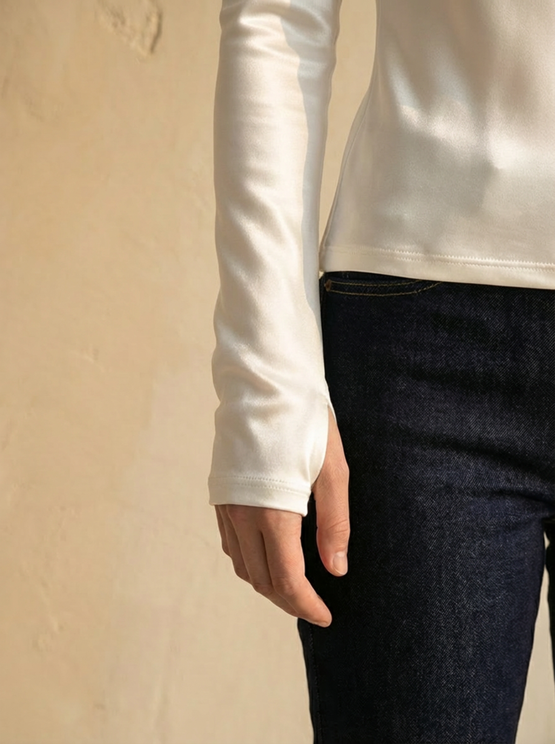 White Wide Neck long Sleeve Thumbhole Top