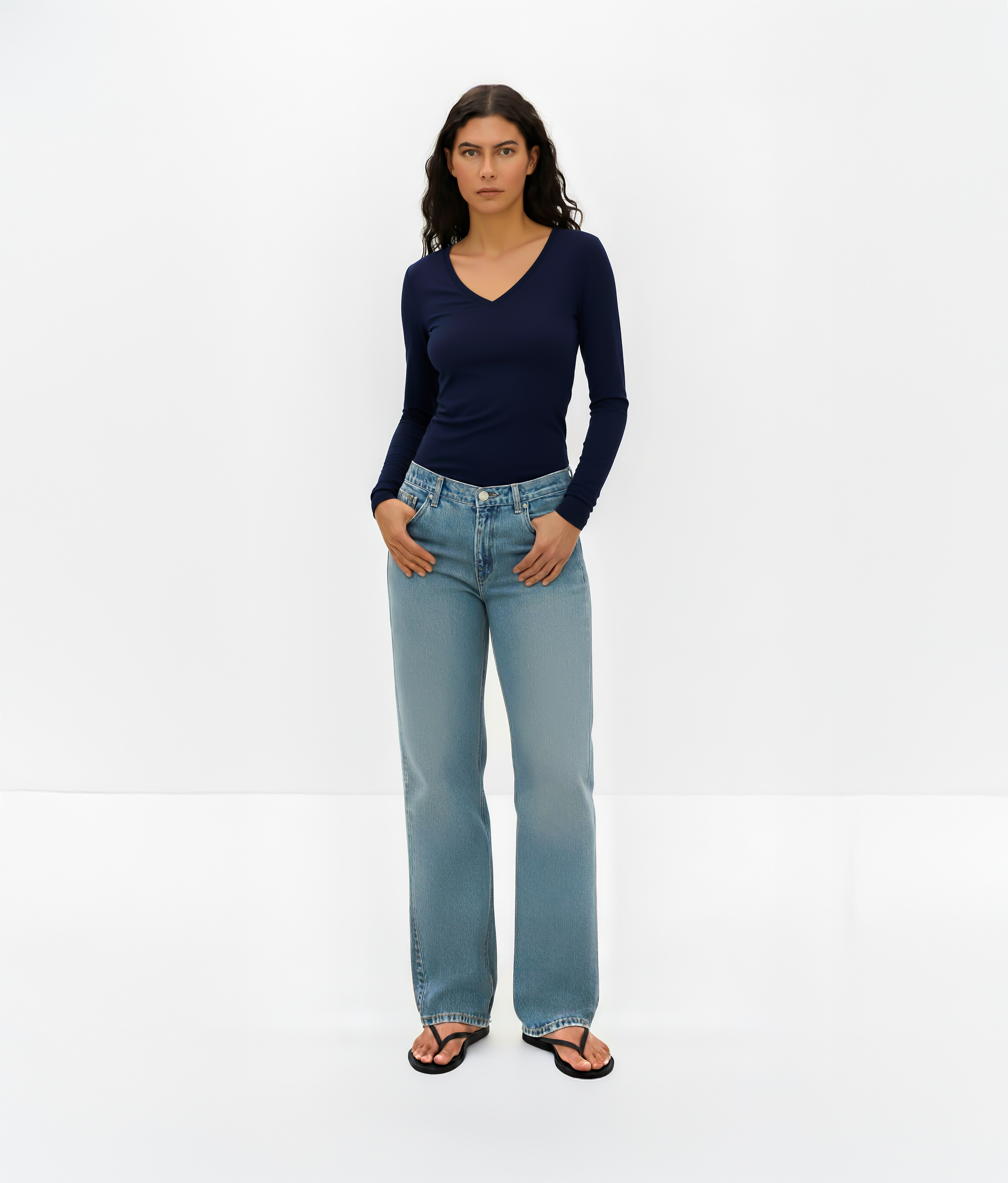 Navy Blue V-Neck Long Sleeve Top