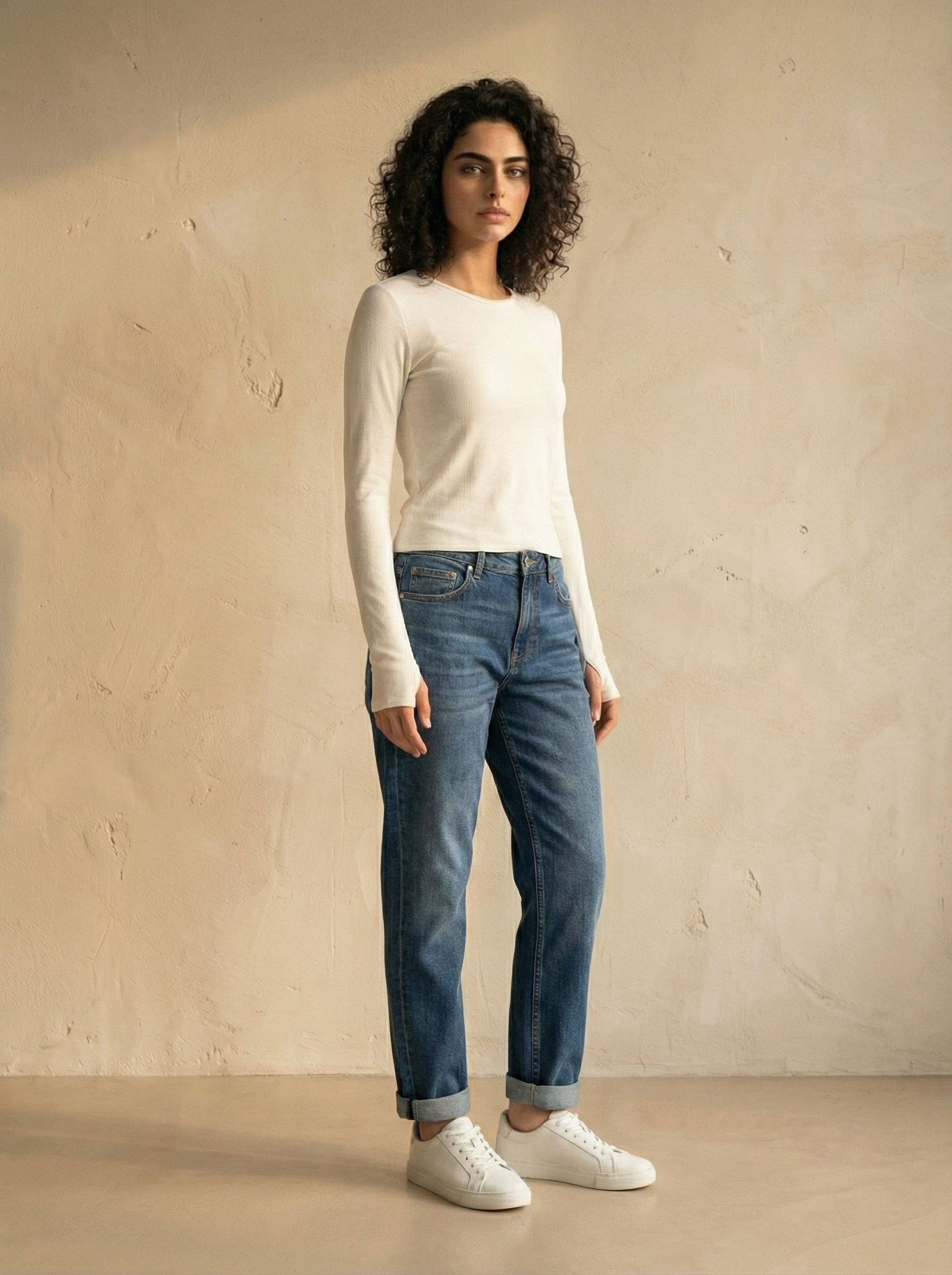 White Wide Neck long Sleeve Thumbhole Top