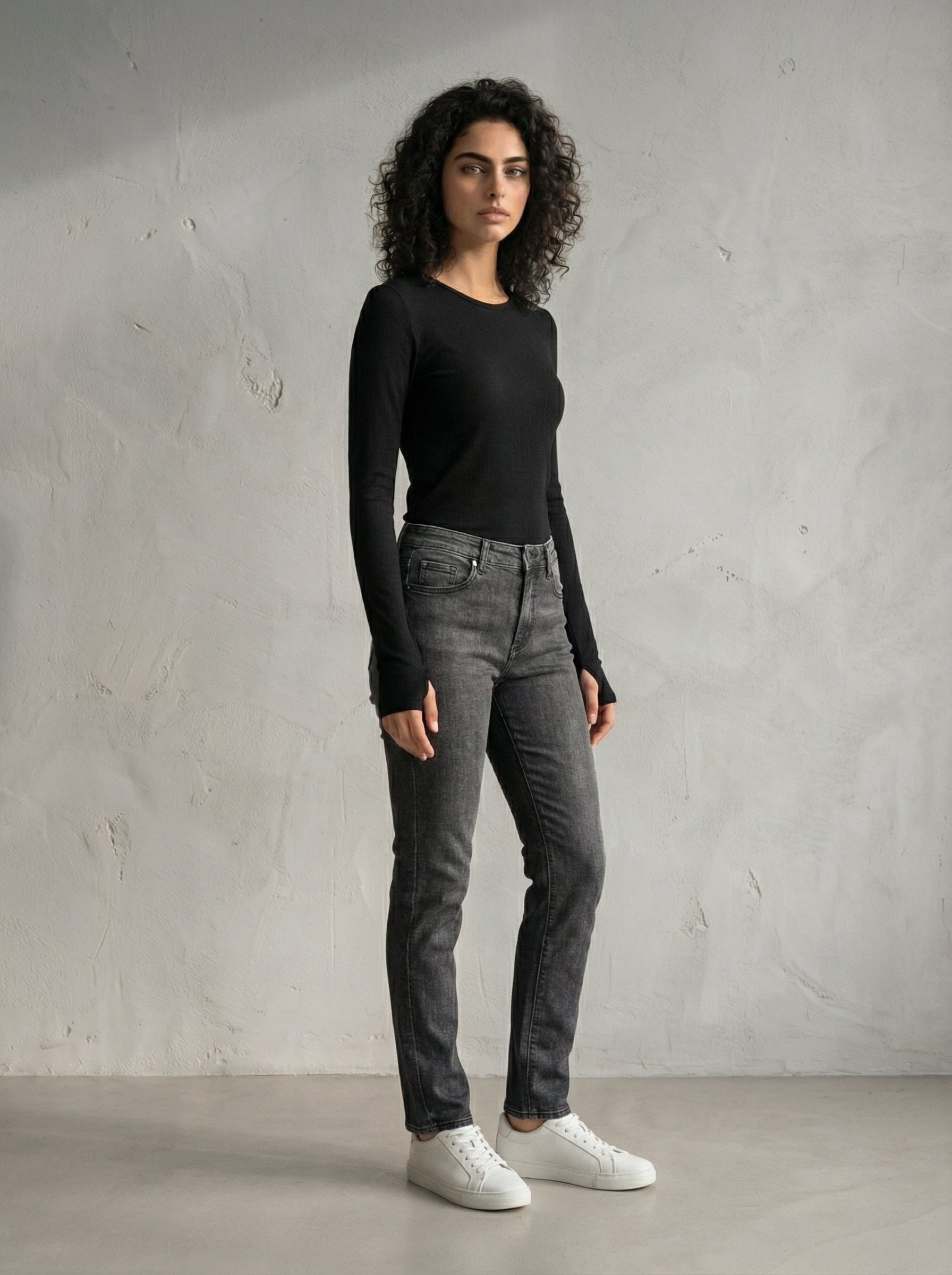 Black Wide Neck Long Sleeve Thumbhole Top