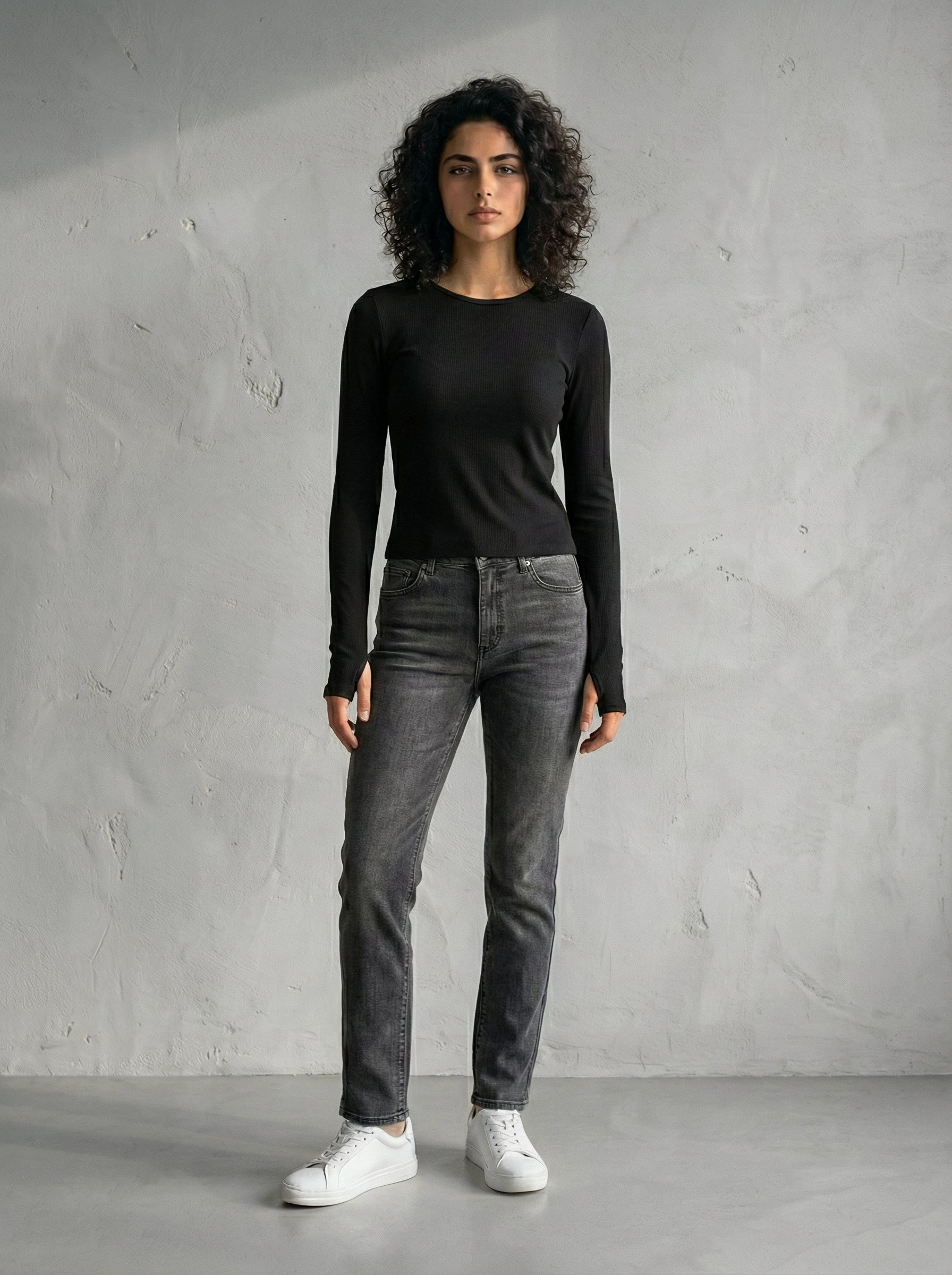 Black Wide Neck Long Sleeve Thumbhole Top
