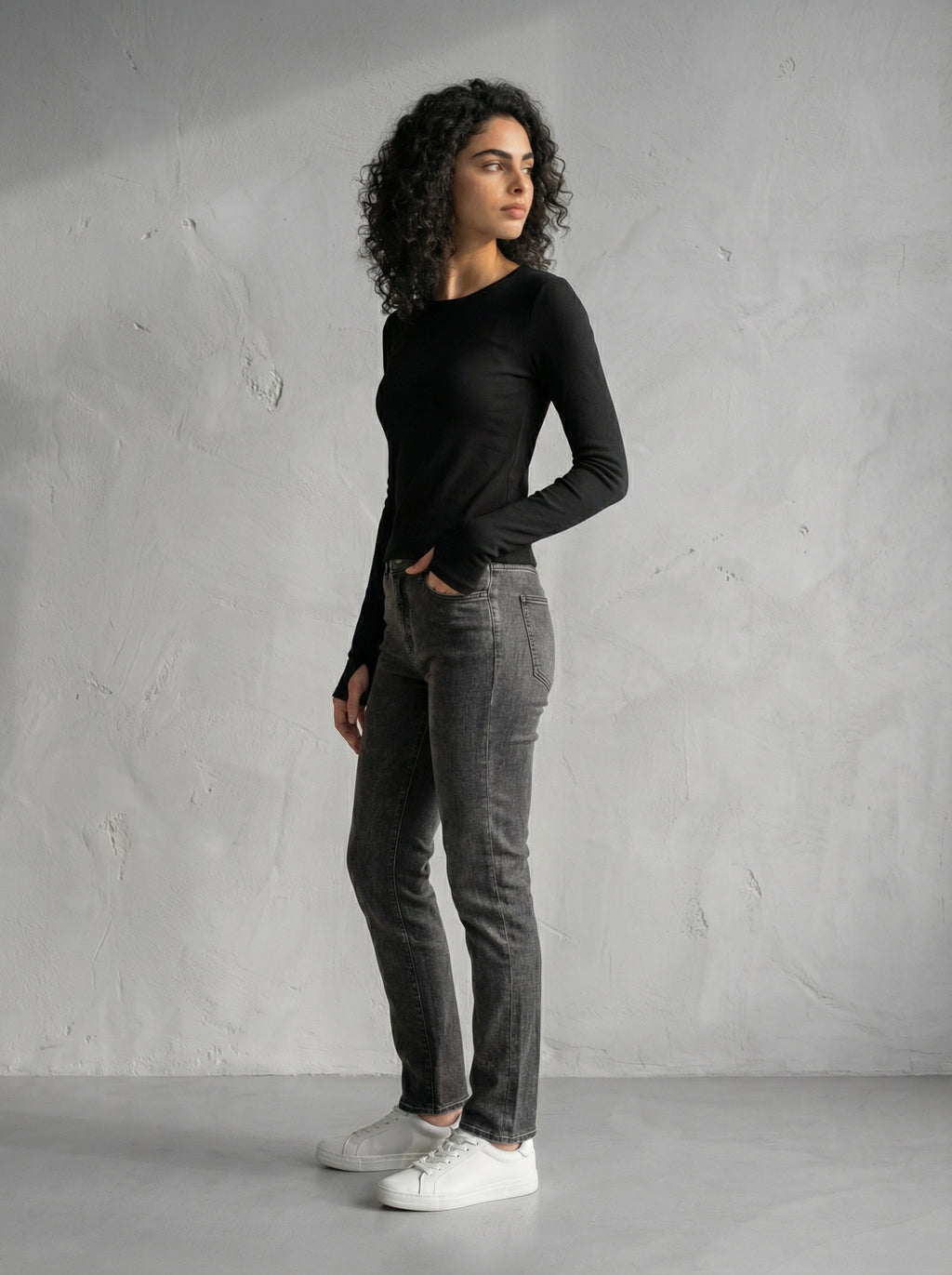 Black Wide Neck Long Sleeve Thumbhole Top