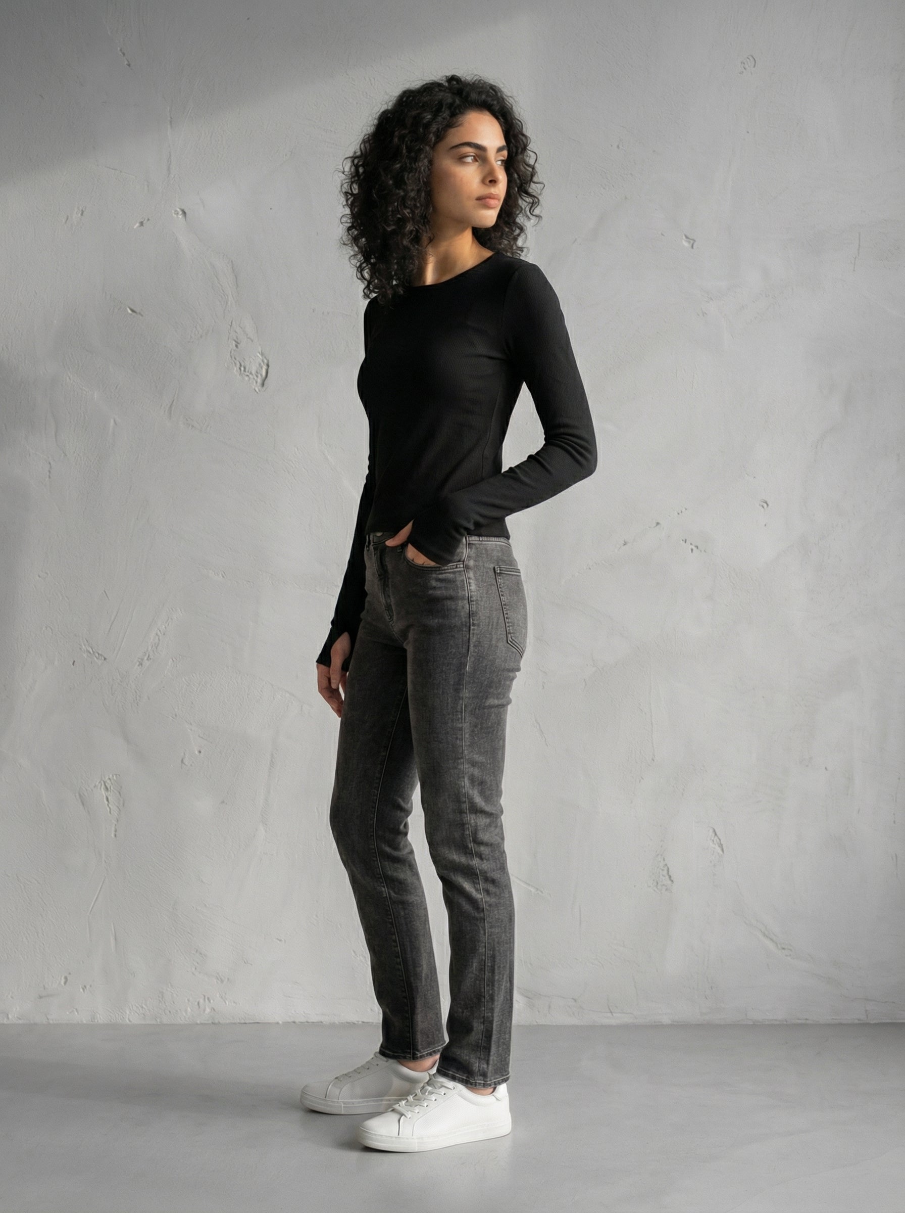 Black Wide Neck Long Sleeve Thumbhole Top