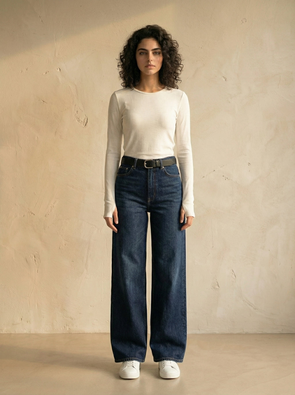 White Wide Neck long Sleeve Thumbhole Top