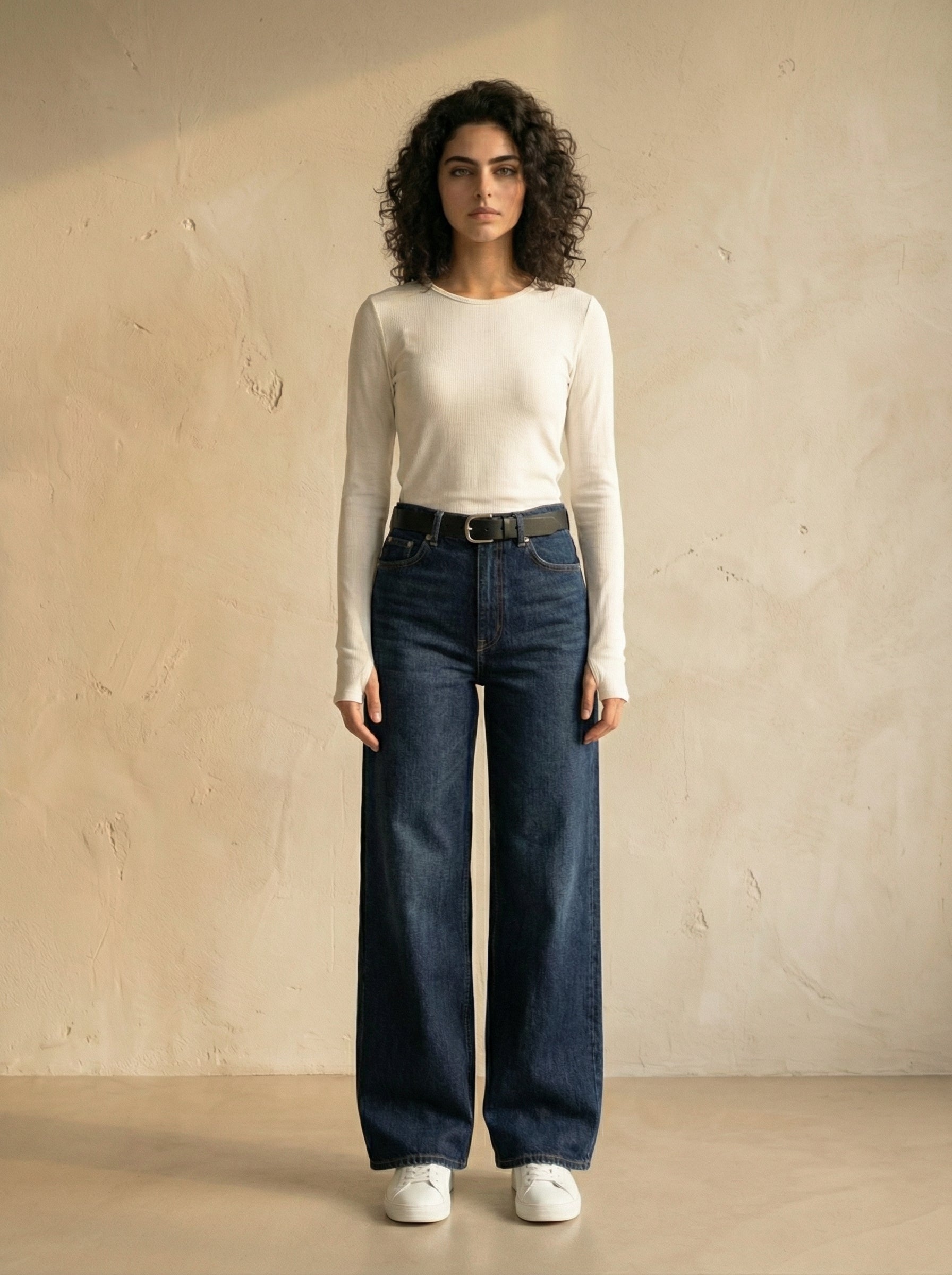 White Wide Neck long Sleeve Thumbhole Top